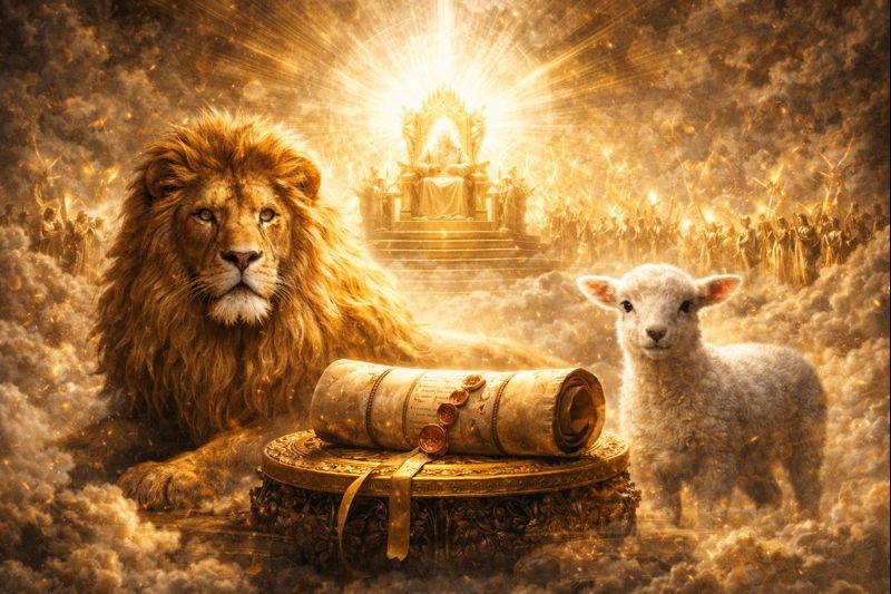 revelation 5, lion and lamb in revelation 5, jesus opens the scroll in revelation, lamb opens scroll in revelation, sealed scroll in revelation
