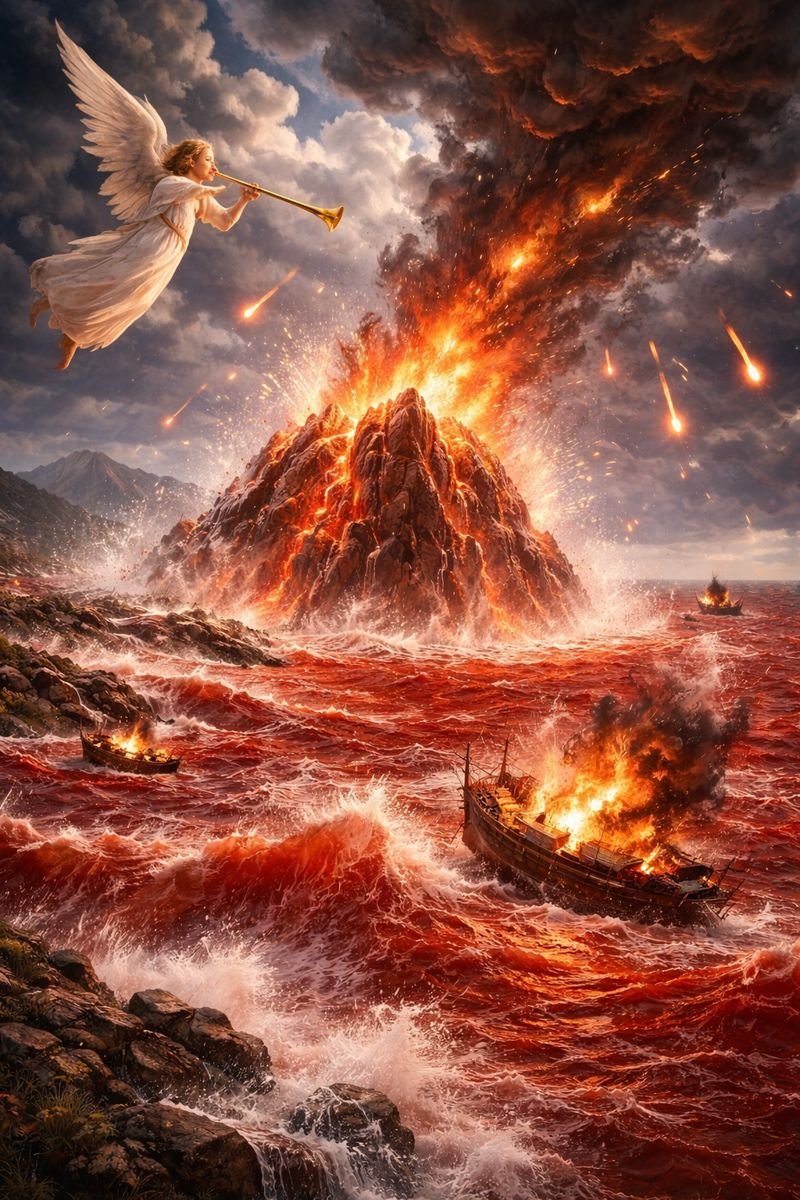 revelation 8, 2nd trumpet judgement in revelation, blazing star in revelation 8, trumpet judgements in revelation