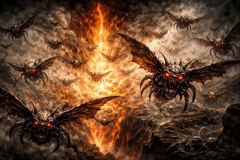 revelation 9, swarm of demon creatures in revelation, locusts with scorpion sting in revelation, trumpet judgements in revelation
